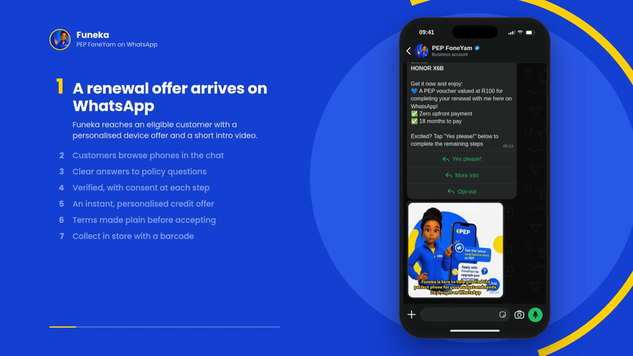 Funeka, PEP FoneYam's WhatsApp agent, presenting a renewal offer