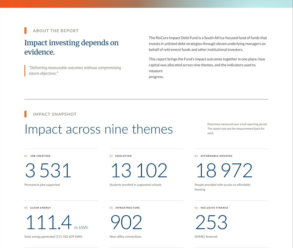 Impact snapshot section showing nine impact themes